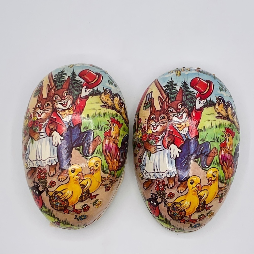Vtg Easter Paper Mache Egg German Candy Containers Child Rabbit Ducks Bunny Bird